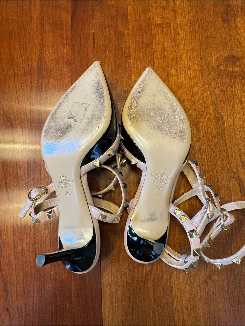 Valentino Rockstud Black Patent Pointed-Toe Ankle-Strap Heels